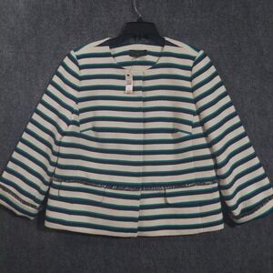 Talbots Jacket Womens 16P‎ White Blue Green Stripe Fringe Trim Lined Blazer